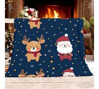 Manta Franela Polar para Sofá y Individual/Doble 100x130 cmPapá Noel Reno Tema Ligera y Multiusos, Mantas Cama Térmica Antipilling Azul Oscuro para Dormitorio Sofá Viajar Toda Estación