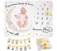 Manta Meses Bebé En Español | Con Guirnalda Bebé | Manta Bebe Personalizada, Unisex | De Estrellas Y Luna | Regalo Personalizado De Nacimiento Para Nuevas Mamás | Manta Mensual Bebe
