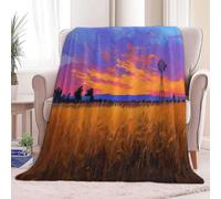 Manta mullida con puesta de sol sobre un campo de trigo natural, color naranja y azul, 220 x 240 cm, suave manta de forro polar de microfibra, manta cálida para sofá, cama o sofá