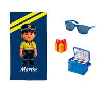 Manta Personalizada con Muñeco Policía Local - Homenaje Cálido, Único y Personalizado - Posibilidad de elegir el género y el color de pelo del personaje - CON NEVERA Y GAFAS DE SOL DE REGALO