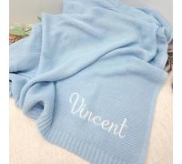 Manta personalizada de punto suave para bebé con nombre bordado, manta con nombre personalizado para baby showers, recién nacidos, guarderías, manta de cochecito, manta de asiento de coche (azul