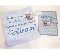 Manta personalizada para bebé con nombre y diseño dumbo y portadoccumentos