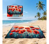 Manta Picnic Grande 200x200cm,Flores de Amapola Manta Picnic Impermeable,Verde Azulado Esterilla de Playa Alfombra de Exterior,Picnic Blanket Plegable con Asa para Camping,Jardín,Césped,Playa UZ-241