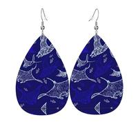 Manta Ray and Fish - Pendientes colgantes de cuero con estampado de peces, joyería reversible con ganchos chapados en plata