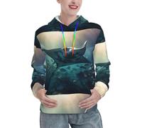 Manta Ray And Fish Print - Sudadera con capucha para mujer, informal, de manga larga, con cordón y bolsillo, Negro -, XL