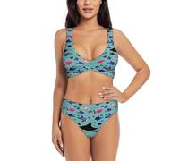 Manta Ray and Fish - Traje de baño de 2 piezas para mujer, cruzado sobre la parte delantera con copa suave, elegante conjunto de playa, Negro, S