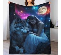 Manta Sherpa De Gris Lobo & Girl 3D para Niños, 50x60inch(127x152cm) Manta De Forro Polar con Temática del Espacio Exterior con Starlit Sky De Dibujos Animados