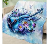 Manta Sofa Guitarra Mariposa Azul Plaid Cama Termica Franela Mantas para Cama Lavable Mantas para Cama Duradero Plaid Sofa Cuatro Temporadas Jarapas para Sofas Suave Blanket 180x220cm