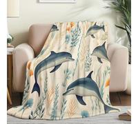 Manta Suave y Agradable al Tacto para sofá Cama 80 x 150 cm, Retro Plantas Delfines Manta de Franela acogedora de Doble Cara para sofás Cama sillones y Colcha Blanco