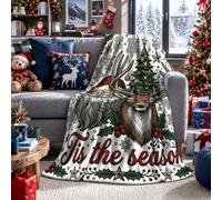 Manta vintage de Papá Noel y reno, 101,6 x 127 cm | Ilustración navideña vintage, manta de franela, decoración de sala de estar de invierno, diseño de reno y acebo
