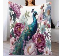 Mantas De Lana De Franela, Mantas Peluche Extra Suaves Y Esponjosas, Manta Sofá Microfibra Ligera Y Acogedora/Manta Sofá Para Adultos, 180 X 200 Cm, Elegante Patrón Pavo Real Estampado Floral Peonía