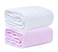 Mantas de Muselina Bebés Recién Nacidos, Toalla de Baño 6 Capas de Algodón Muselina Toalla Swaddle Suave Transpirables Multifunciones Unisex Mantas para Bebés (105x105cm,Blanco + Rosa)