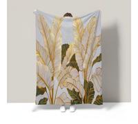 Mantas para Cama Sofa 130X150Cm, Manta De Franela Platino Hoja De Plátano Lujosa Suave Caliente Cobijas De Otoño para Niños Adultos, Estética Botánica Manta Ligera De Regalo para Viajes