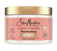 Manteca corporal iluminadora SheaMoisture con coco e hibisco, niacinamida y proceramidas. Brillo natural renovador de la piel. Hidrataci n 48 h.
