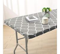 Mantel ajustable de vinilo para mesa rectangular de 1,8 m, diseño marroquí gris, mantel elástico impermeable con forro de franela, se adapta a mesas plegables de 30 x 72 pulgadas, para picnics al aire