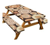 Mantel ajustable para mesa de picnic con fundas de banco, funda de mesa de picnic al aire libre, 3 piezas, 8 pies, impermeable, elástico en todo el contorno, imitación de madera para picnic al aire