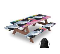 Mantel ajustable para mesa de picnic con fundas de banco, lindo gato, adorable gatito de dibujos animados, divertido y colorido, mantel elástico de 72 pulgadas, impermeable, para uso en exteriores