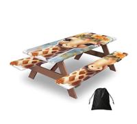 Mantel ajustado para mesa de picnic con fundas de banco, hermosa jirafa con flores, divertido estampado de dibujos animados, mantel elástico ajustable de 72 pulgadas, impermeable, para uso en