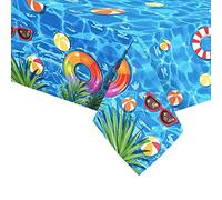 Mantel azul desechable para fiestas, mantel de feliz cumpleaños para niños nadando, 137 x 274 cm, manteles desechables rectangulares para fiesta de verano, manteles de plástico grandes para hombres y