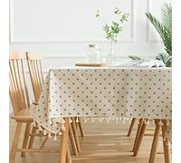 Mantel de flores azules, color beige retro, 140 x 260 cm, resistente a las manchas, flecos de macramé, decoración navideña, elegante protección para mesas de comedor, perfecto para el hogar y eventos