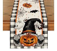 Mantel de Halloween de 13 x 90 pulgadas, diseño de cuadros de búfalo con diseños de enanos, murciélagos, calabazas y fantasmas, decoración festiva de mesa de cocina para reuniones familiares y fiestas