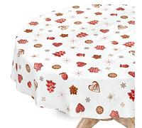Mantel de hule lavable, diseño navideño, redondo, 140 cm, borde de corte, para Nochevieja