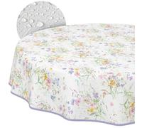 Mantel de Hule Lavable, fácil de Limpiar, Impermeable, Efecto Loto, Exterior, Primavera, jardín, Flores, Redondo, 120 cm, con Dobladillo (Ribeteado)