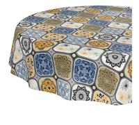 Mantel de Hule Lavable, fácil de Limpiar, Impermeable, Efecto Loto, Mantel de jardín, Redondo, 140 cm, Borde de Corte