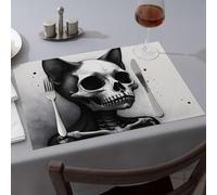 Mantel de mesa con diseño de gato esquelético con características afiladas, manteles individuales para comedor, cocina y comedor (6 piezas)