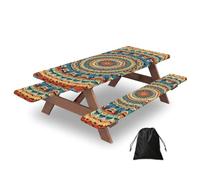 Mantel de mesa de picnic con fundas de banco de 72 pulgadas, decoración de mandala, bohemio, floral, impermeable, resistente al viento, con bordes elásticos para camping y patio