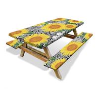 Mantel de mesa de picnic de madera de girasol con fundas de banco, mantel ajustable impermeable para campamento con elástico, rústico, floral de verano, artículos esenciales para acampar al aire libre