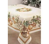 Mantel de mesa navideño Gobelin | Mantelería navideña | Camino de mesa | Mantel para Navidad y Año Nuevo (Corona Dorada (Brillante), 140x140 cm)