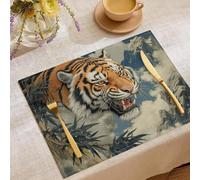 Mantel Individual de Hoja de Clavel de montaña del Tigre Estilo de Pintura con Tinta China, 4 PCS Manteles Individuales Algodón y Lino, Manteles Individuales Tela Lavables(Color Naranja)