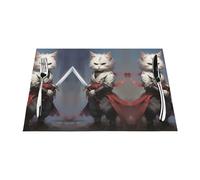 Mantel individual tejido, resistente al calor, fácil de limpiar, adecuado para fiestas al aire libre, decoración de cocina, accesorios de mesa, 12 x 18 pulgadas, gato con impresión de espada