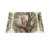 Mantel individual tejido, resistente al calor, fácil de limpiar, adecuado para fiestas al aire libre, decoración de cocina, accesorios de mesa, 12 x 18 pulgadas, estampado de gato en la copa del árbol