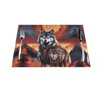 Mantel individual tejido, resistente al calor, fácil de limpiar, adecuado para fiestas al aire libre, decoración de cocina, accesorios de mesa, 12 x 18 pulgadas, tótem de lobo con impresión de fuego