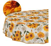 Mantel Lavable, Efecto Loto, fácil de Limpiar, de algodón y poliéster, Antimanchas, para Exteriores, diseño de Girasol, Ovalado, 180 x 140 cm, con Ribete