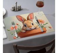 Mantel occidental con un bonito conejo en una maceta con flores rosas. Manteles individuales de comedor, decoración rústica para el hogar, resistentes al calor para mostrador (6 piezas)