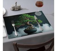 Mantel occidental de un árbol bonsái en una maceta negra con nubes similares al humo a su alrededor. Manteles individuales de comedor, decoración rústica para el hogar, resistentes al calor para