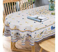 Mantel Ovalado con Estampado Floral Azul, Mantel Ovalado francés, Mantel con Estampado Floral de pájaros, Tela para Interiores y Exteriores, Impermeable, sin Arrugas, Mantel francés Duradero para