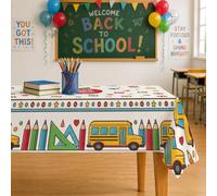 Mantel rectangular con diseño de autobús de campus, formas geométricas lúdicas, de poliéster amarillo, reutilizable, lavable, para organizar fiestas, artículos esenciales para cocina, comedor, 89 x