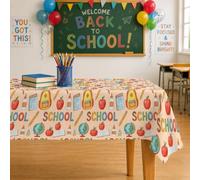 Mantel rectangular con diseño de frutas, mochila educativa lúdica con lápiz de vuelta al campus, tela roja, lavable, reutilizable, para cena, fiesta, esencial para cocina, banquete, picnic, 60 x 120
