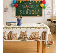Mantel rectangular con diseño de gato, diseño de gafas educativas de regreso al campus, poliéster blanco, reutilizable, lavable, para cena, fiesta, esencial para cocina, banquete, picnic, 60 x 120