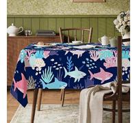Mantel rectangular con diseño de tiburón, peces de coral marinos, tela azul marino, lavable, reutilizable, para cena, fiesta, esencial para cocina, banquete, picnic, 60 x 120 pulgadas