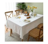Mantel rectangular de 100 x 160 cm, lavable, de algodón, con diseño de bolas de terciopelo, a rayas, para pícnic al aire libre, fiesta, cena, color blanco, elegante decoración del hogar