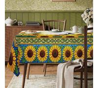 Mantel rectangular de girasol, hojas verdes vibrantes de verano, fondo azul, tela amarilla de verano, lavable, reutilizable, para cena, fiesta, esencial para cocina, banquete, picnic, 60 x 120