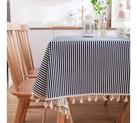 Mantel rectangular de satén para sala de estar, rayas azul marino con flecos de macramé, 140 x 250 cm, impermeable, funda decorativa blanca para protección y estilo