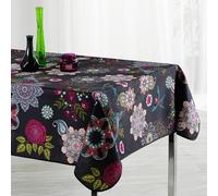 Mantel rectangular resistente a las manchas - Resistente a las arrugas y 100% poliéster - Negro - 300x150 cm - Fleurs Colorées - 8/10 Cubiertos - Interior o exterior - Mesa de comedor, cocina o jardín