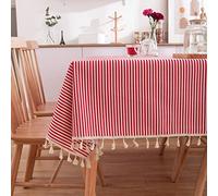 Mantel rectangular rojo y blanco, antimanchas, diseño de rayas con flecos de macramé, 140 x 300 cm, perfecto para decoración y protección del comedor.