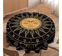 Mantel redondo con diseño de sol, estampado bohemio con fases lunares, estrellas y signos del zodíaco, lavable, resistente a las manchas, para cocina, comedor, picnic al aire libre, fiesta, 91 x 91 cm